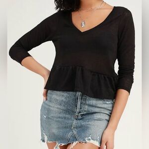 Lulus Lillie Black Long Sleeve Peplum Top size medium